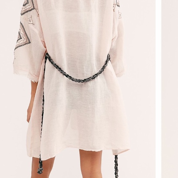FREE PEOPLE ISABELLA EMBROIDERED ROBE IN LINEN COTTON FABRICATION BLACK ROPE TIE - Picture 6 of 8